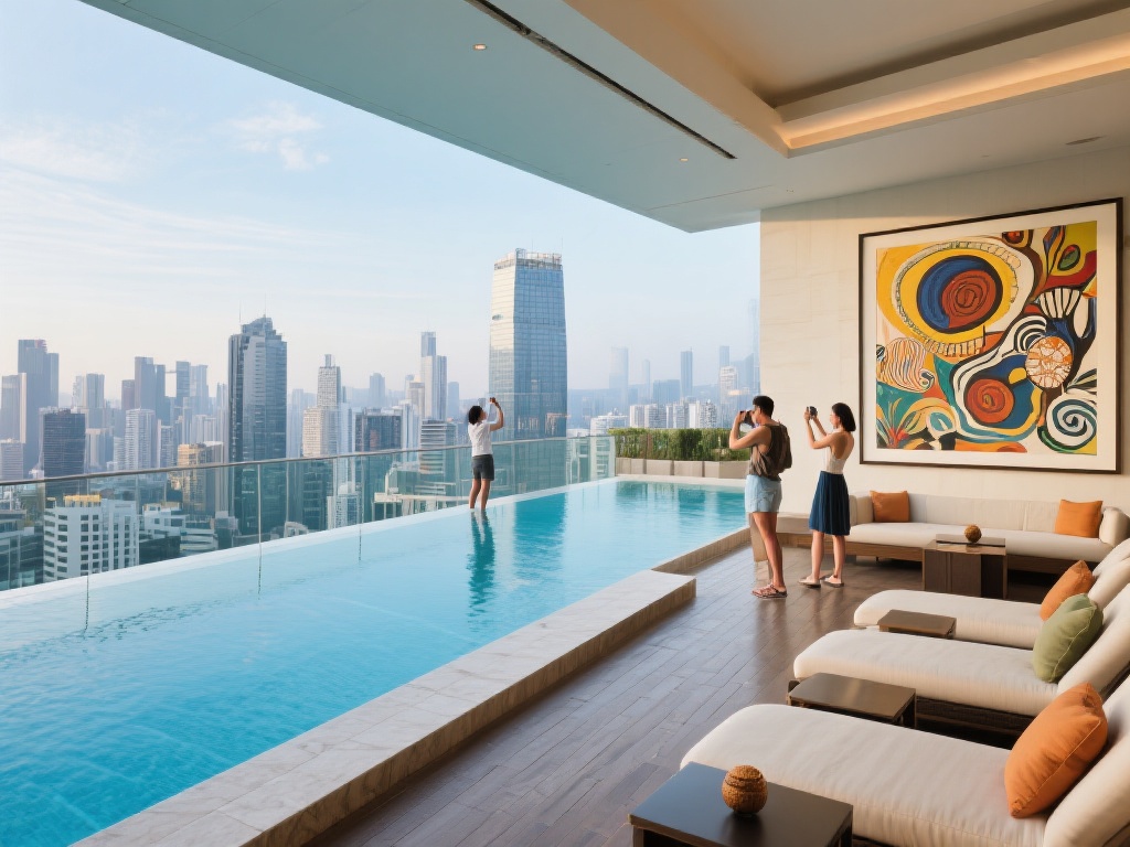 比如，位于酒店顶层的无边泳池，将城市的繁华与宁静完